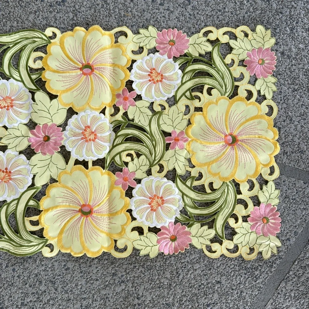Vintage yellow pink floral embroidered cut out spring Easter table runner 43x15”